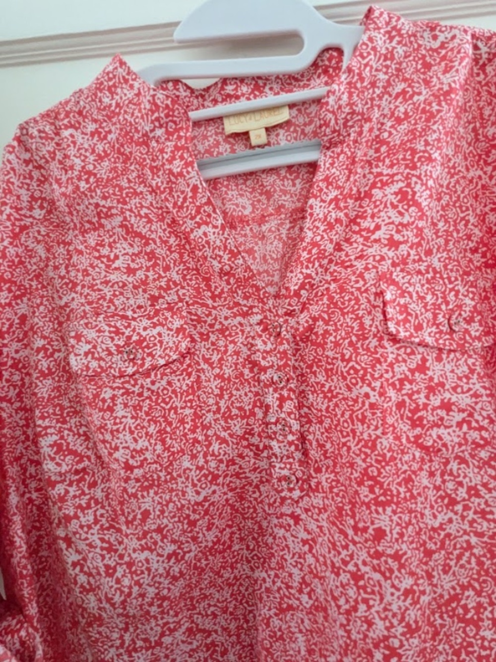 Lucy & Laurel Cotton Popover Blouse, Coral & White, Plus Size 2x - Picture 2 of 7